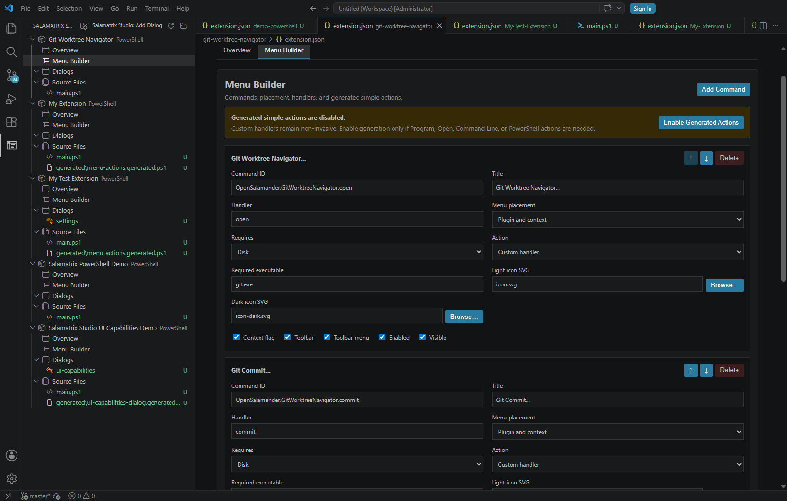 Salamatrix Studio Menu Builder showing menu command settings