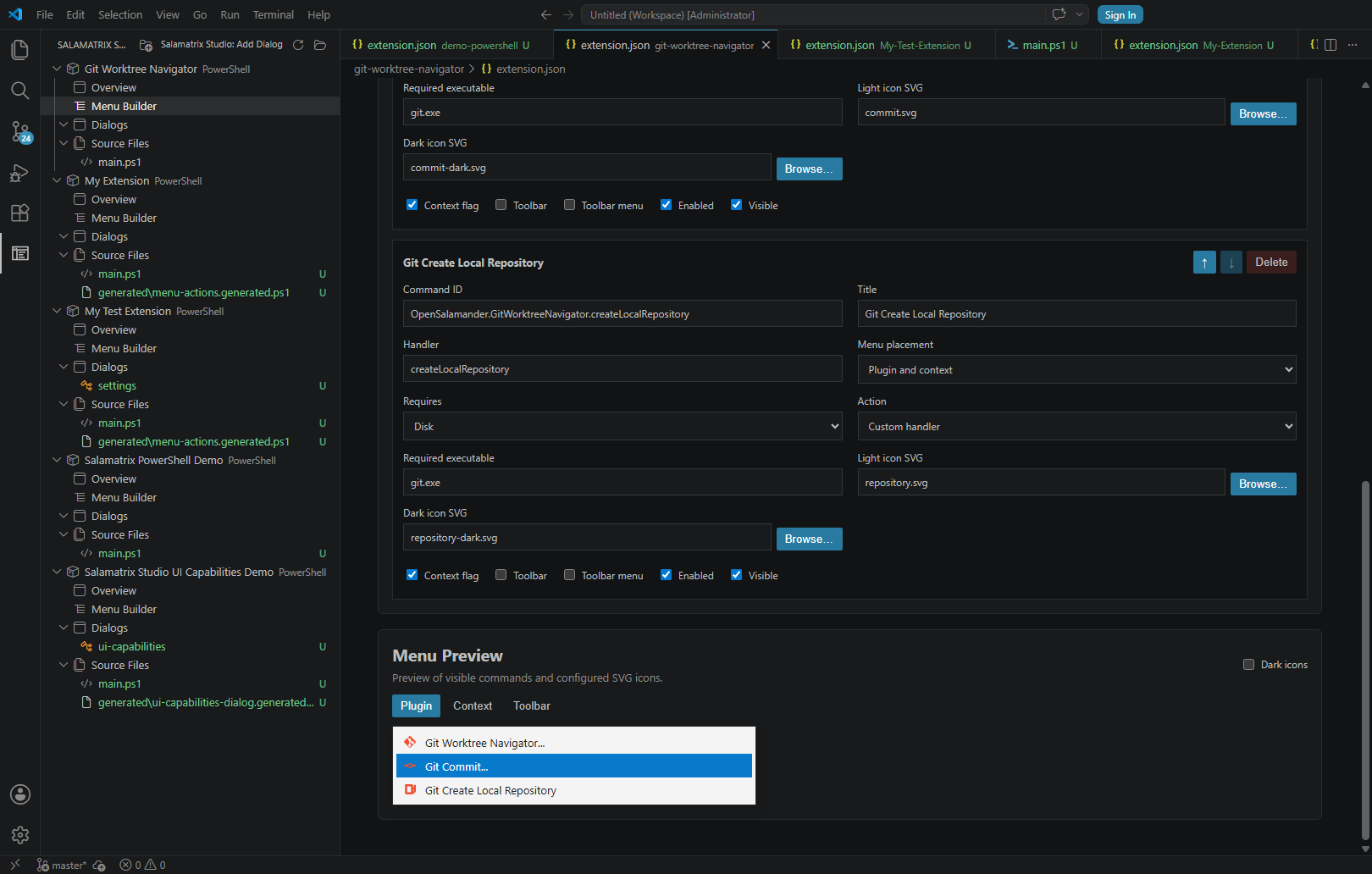Salamatrix Studio Menu Builder previewing plugin and toolbar placements