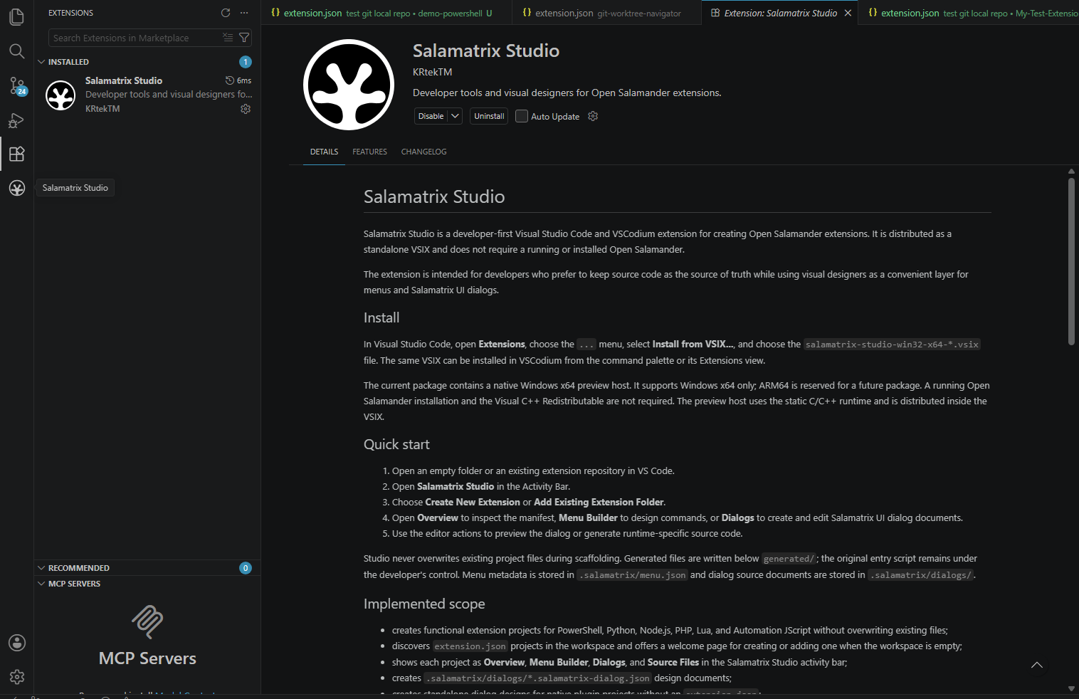 Salamatrix Studio open in Visual Studio Code with the project explorer and dialog designer