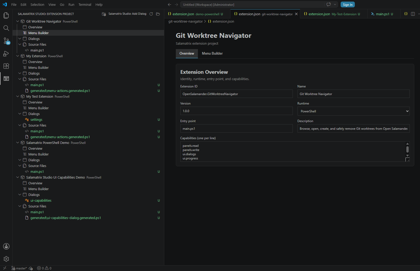 Visual Studio Code with Salamatrix Studio Activity Bar and project explorer